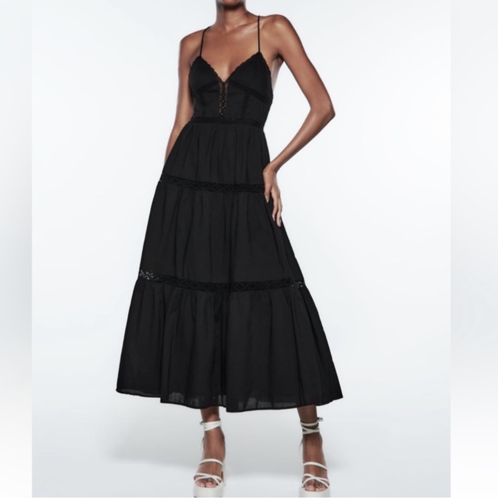 ZARA Black Lace Insert Open Back Strappy Midi Dress Large NEW